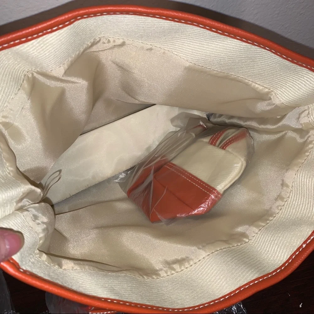 Estee Lauder Orange Leather Trim Cream Shoulder Bag Tote Purse with Pouch